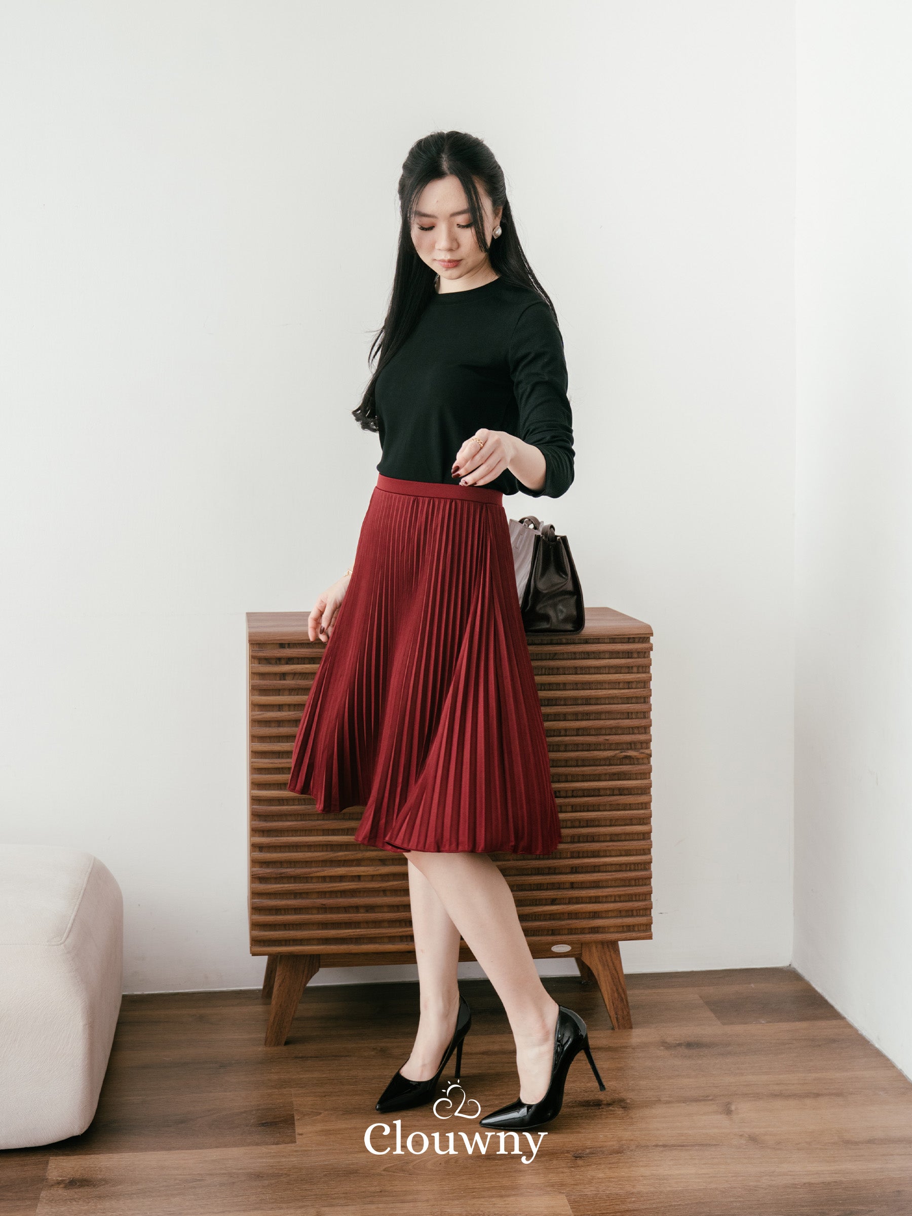 Vamos Midi Pleats Skirt - Maroon